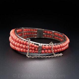 Antique Coral Silver Bangle Bracelet