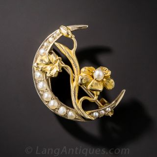 Antique Crescent and Flower Brooch