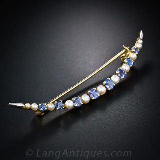 Antique Crescent  Pin of Sapphires and Seed Pearls 