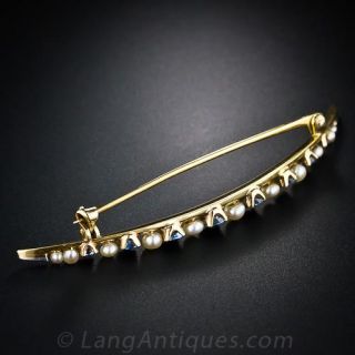Antique Crescent  Pin of Sapphires and Seed Pearls 