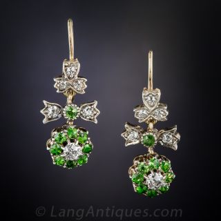 Antique Demantoid Garnet and Diamond Dangle Earrings