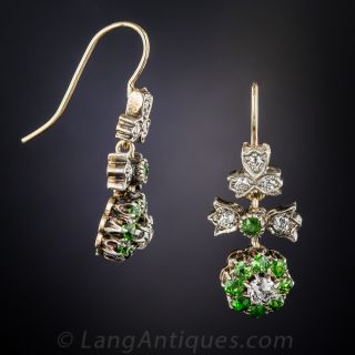 Antique Demantoid Garnet and Diamond Dangle Earrings