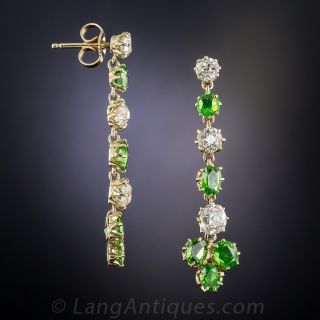 Antique Demantoid Garnet and Diamond Drop Earrings