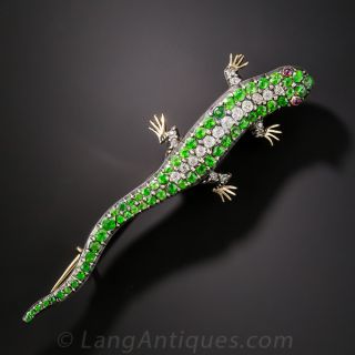 Antique Demantoid Garnet and Diamond Salamander Brooch - 1