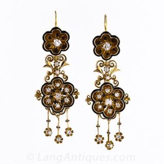 Antique Diamond and Black Enamel Drop Earrings