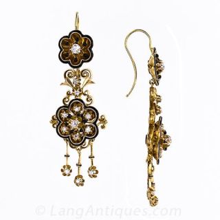 Antique Diamond and Black Enamel Drop Earrings