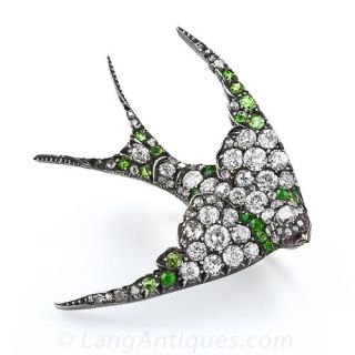 Antique Diamond and Demantoid Garnet Swallow Brooch - 1