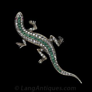 Antique Diamond and Emerald Salamander Pin