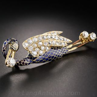 Antique Diamond and Enamel Crane Brooch
