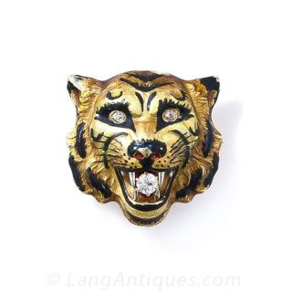 Antique Diamond and Enamel Tiger Pin