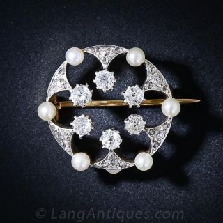 Antique Diamond  and Natural Pearl Circle Pin