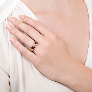Antique Diamond and No-Heat Burmese Ruby Three-Stone Ring by T.B. Starr