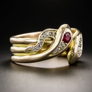 Antique Diamond and Ruby Double Snake Ring