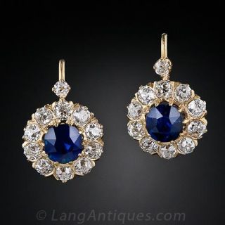 Antique No Heat Burmese Sapphire & Diamond Earrings