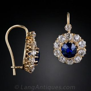 Antique No Heat Burmese Sapphire & Diamond Earrings