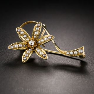 Antique Diamond and Seed Pearl Daisy Brooch