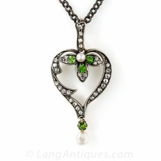 Antique Diamond, Demantoid Garnet and Pearl Heart Drop