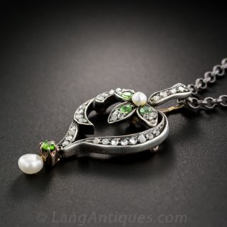 Antique Diamond, Demantoid Garnet and Pearl Heart Drop