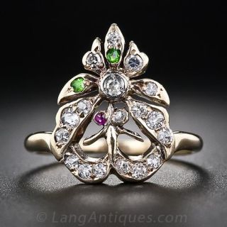 Antique Diamond, Demantoid Garnet and Ruby Butterfly Ring
