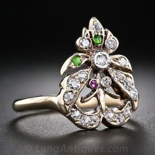 Antique Diamond, Demantoid Garnet and Ruby Butterfly Ring