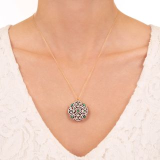 Antique Diamond, Emerald and White Enamel Pendant/Pin