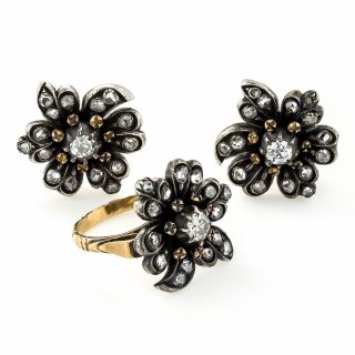 Antique Diamond Flower Earrings and Ring Suite