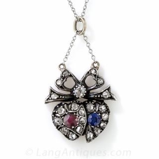 Antique Diamond, Ruby and Sapphire Twin Hearts Pendant