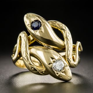 Antique Diamond & Sapphire Double Snake Ring  - 4