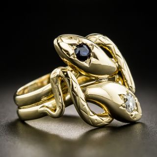 Antique Diamond & Sapphire Double Snake Ring 