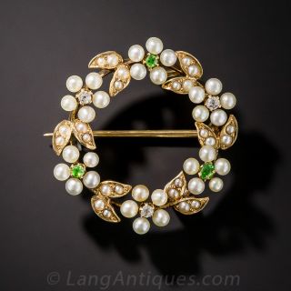 Antique Diamond, Seed Pearl and Demantoid Garnet Wreath Brooch