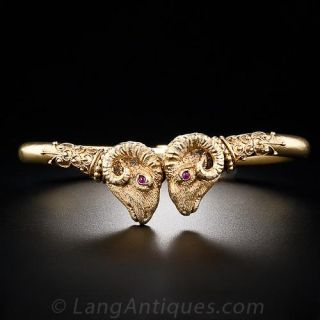 Antique Double Ram's Head Bangle Bracelet