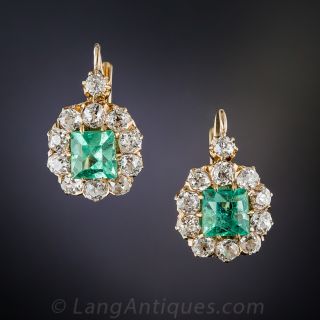 Antique Emerald and Diamond Halo Earrings