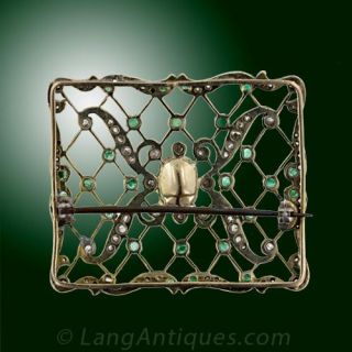 Antique Emerald and Diamond Lattice Brooch