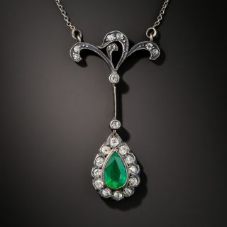 Antique Brazilian Emerald and Diamond Pendant Necklace 