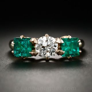 Antique Emerald and Diamond Three Stone Ring