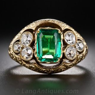 Antique Emerald and Mine-Cut Diamond Ring