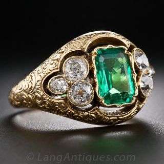 Antique Emerald and Mine-Cut Diamond Ring