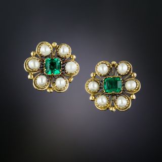 Antique Emerald and Pearl Cluster Earrings - 2