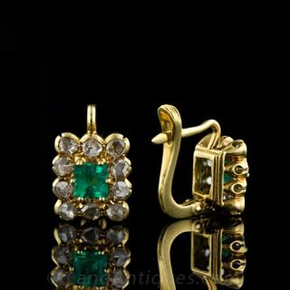 Antique Emerald and Rose Cut  Diamond Earrings
