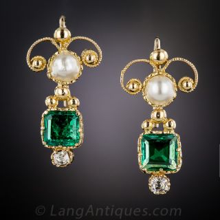 Antique Emerald, Pearl and Diamond Earrings