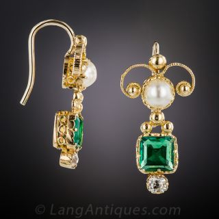 Antique Emerald, Pearl and Diamond Earrings