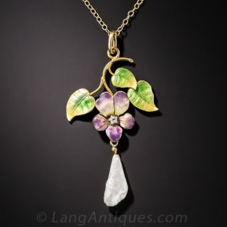 Antique Enamel and Freshwater Pearl Violet Necklace