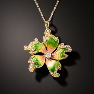 Antique Enamel Diamond Flower Pendant/Brooch - 4