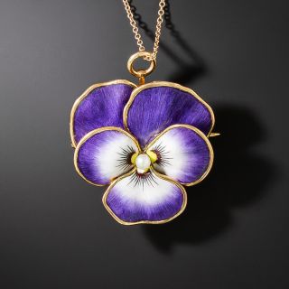 Antique Enamel Pansy and Pearl Pendant/Brooch By Krementz - 2