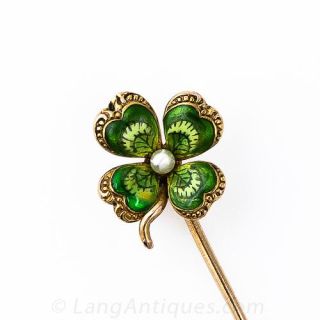 Antique Enameled Four Leaf Clover Stickpin