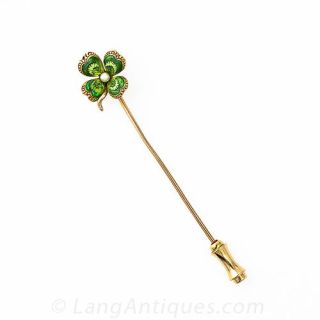 Antique Enameled Four Leaf Clover Stickpin