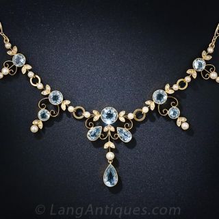 Antique English Aquamarine and Seed Pearl Necklace