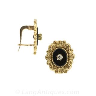 Antique European Onyx and Diamond Earrings