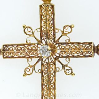 Antique Filigree Diamond Cross Pendant and Chain