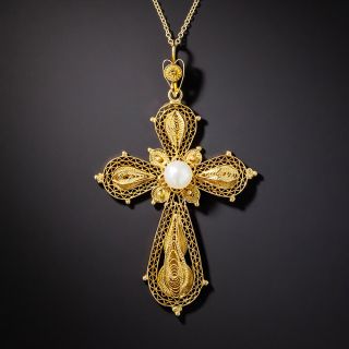 Antique Filigree Pearl Cross - 2